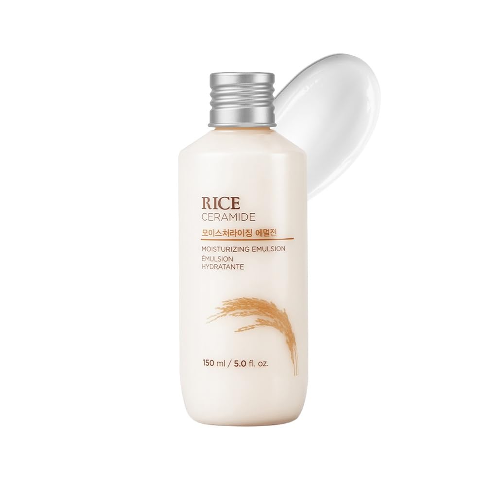 White bottle of Rice Ceramide moisturizing emulsion with a pump on a white background