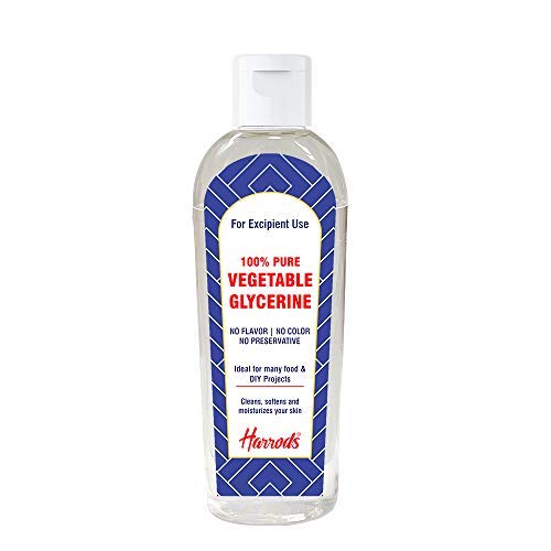 Bottle of Harrods 100% pure vegetable glycerine on a white background
