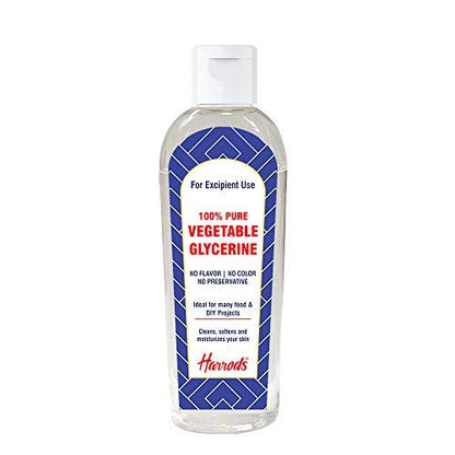Bottle of Harrods 100% pure vegetable glycerine on a white background