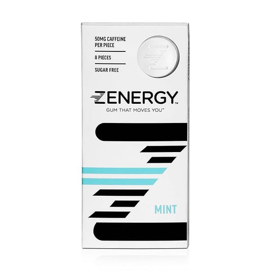 ZENERGY Energy Gum - Mint Flavor | 50mg Caffeine + 35% B6 and 45% B12 Vitamin | Vegan, 0 Sugar, 0 Calories, 0 Gluten, 0 Aspartame, Non-GMO, Instant Action | 1 Pack = 8 Count
