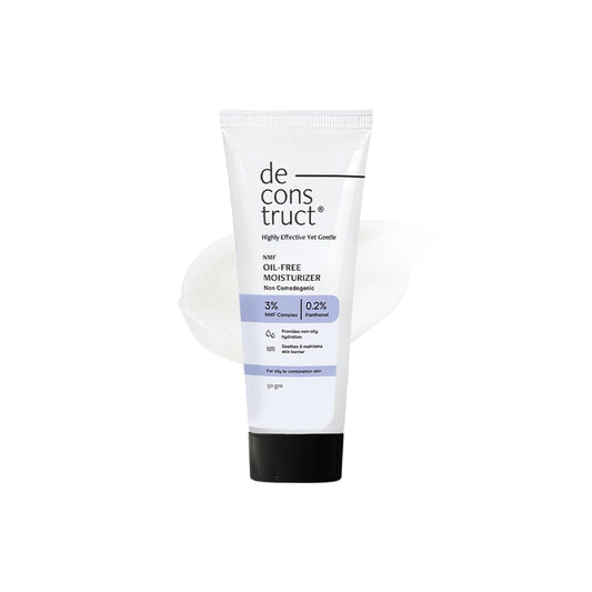 Tube of de construct moisturizer on a white background