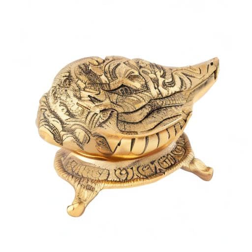 Kalakriti Lord Vishnu Laxmiji and SheshNaag Carving Antique Brass Finish Gold Plated Shankh Showpiece with Stand| Conch for Temple| Vastu Decorative Items Sankh for Home |Religious Diwali Gift 1 pc