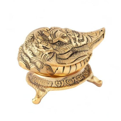 Kalakriti Lord Vishnu Laxmiji and SheshNaag Carving Antique Brass Finish Gold Plated Shankh Showpiece with Stand| Conch for Temple| Vastu Decorative Items Sankh for Home |Religious Diwali Gift 1 pc