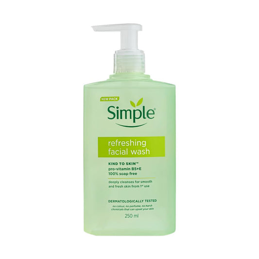 Green bottle of Simple refreshing facial wash on a white background