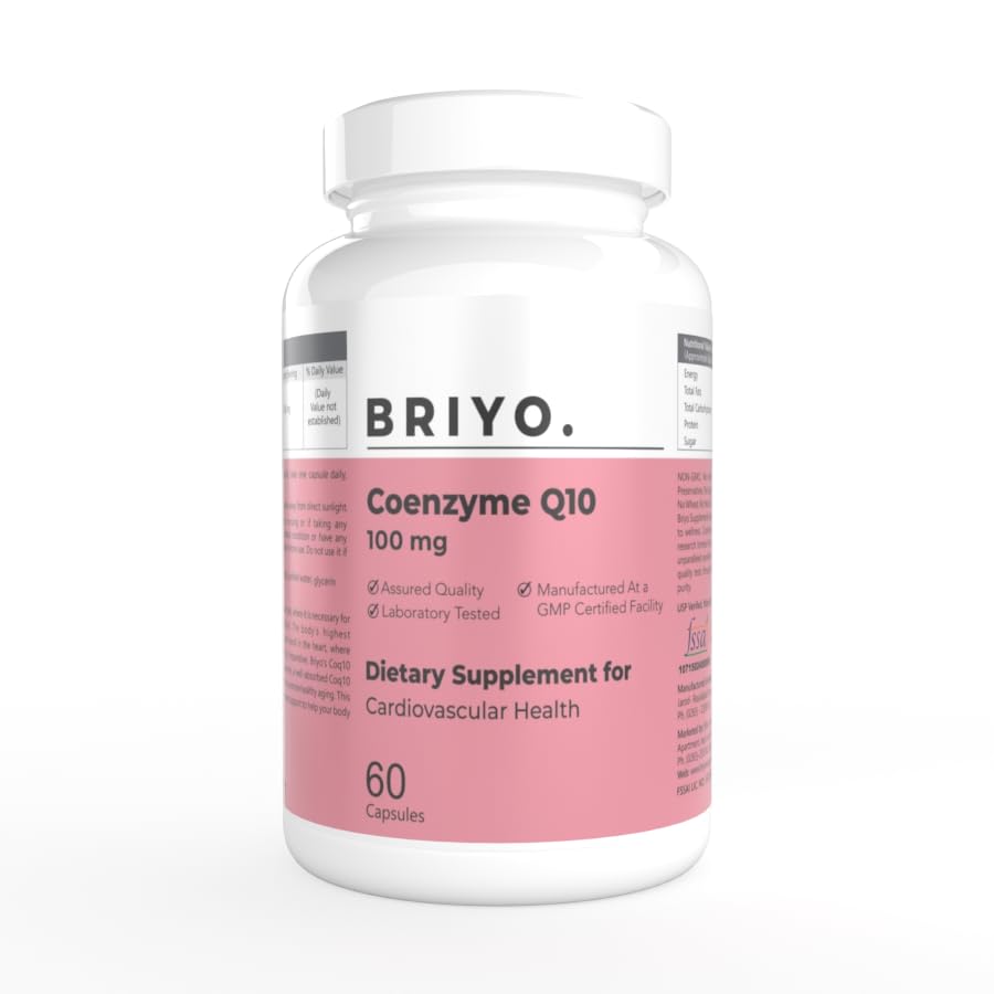 Briyo Coenzyme Q10 dietary supplement bottle on a white background