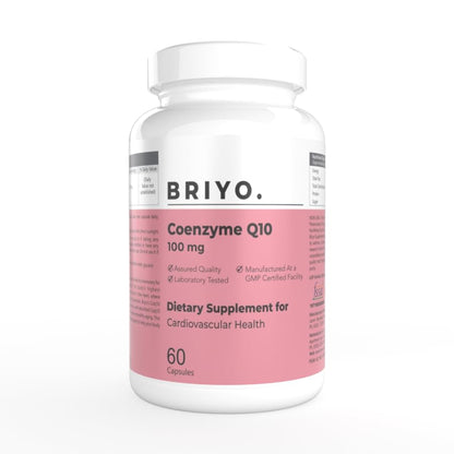 Briyo Coenzyme Q10 dietary supplement bottle on a white background