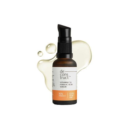 Deconstruct Vitamin C & Ferulic Acid Serum bottle with droplet effect on a white background
