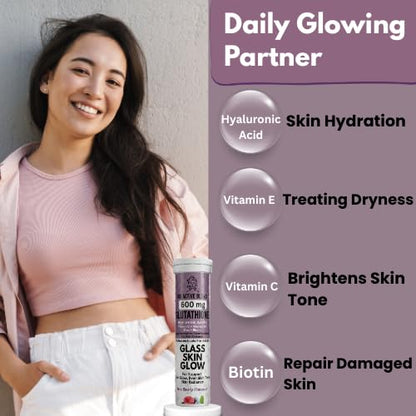 Nutrasium Glutathione Tablets for Skin Glow & Even Skin Tone | 600 mg L-Glutathione Reduced with Hyaluronic Acid, Vitamin C & E, Zinc & Biotin | 15 Effervescent Tablets, Mixed Berry Flavour
