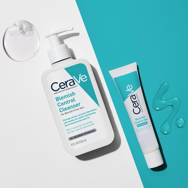 CeraVe Blemish Control Cleanser and Gel on a light blue and white background