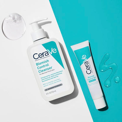 CeraVe Blemish Control Cleanser and Gel on a light blue and white background