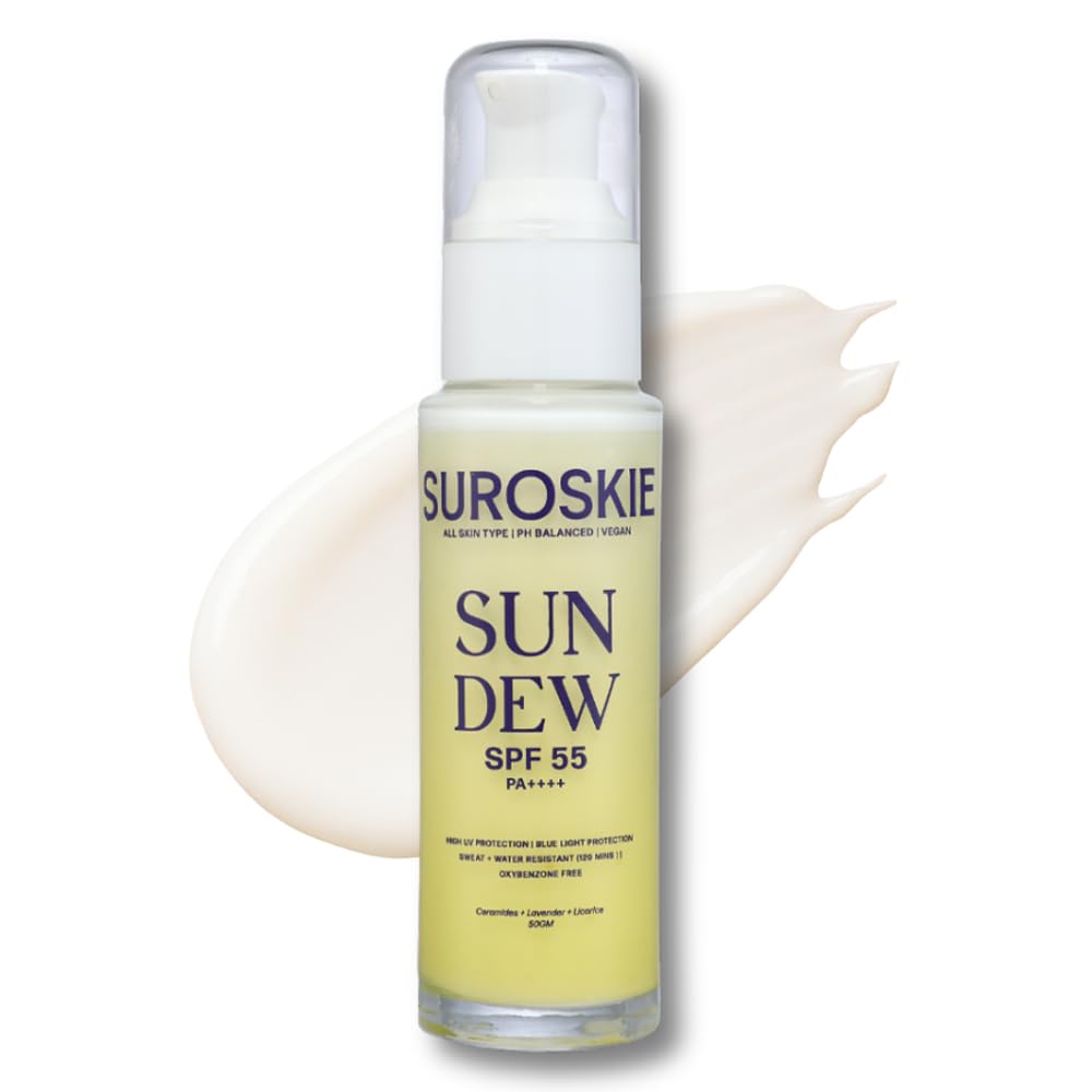 Surosokie Sun Dew SPF 55 sunscreen bottle with a white cap on a white background