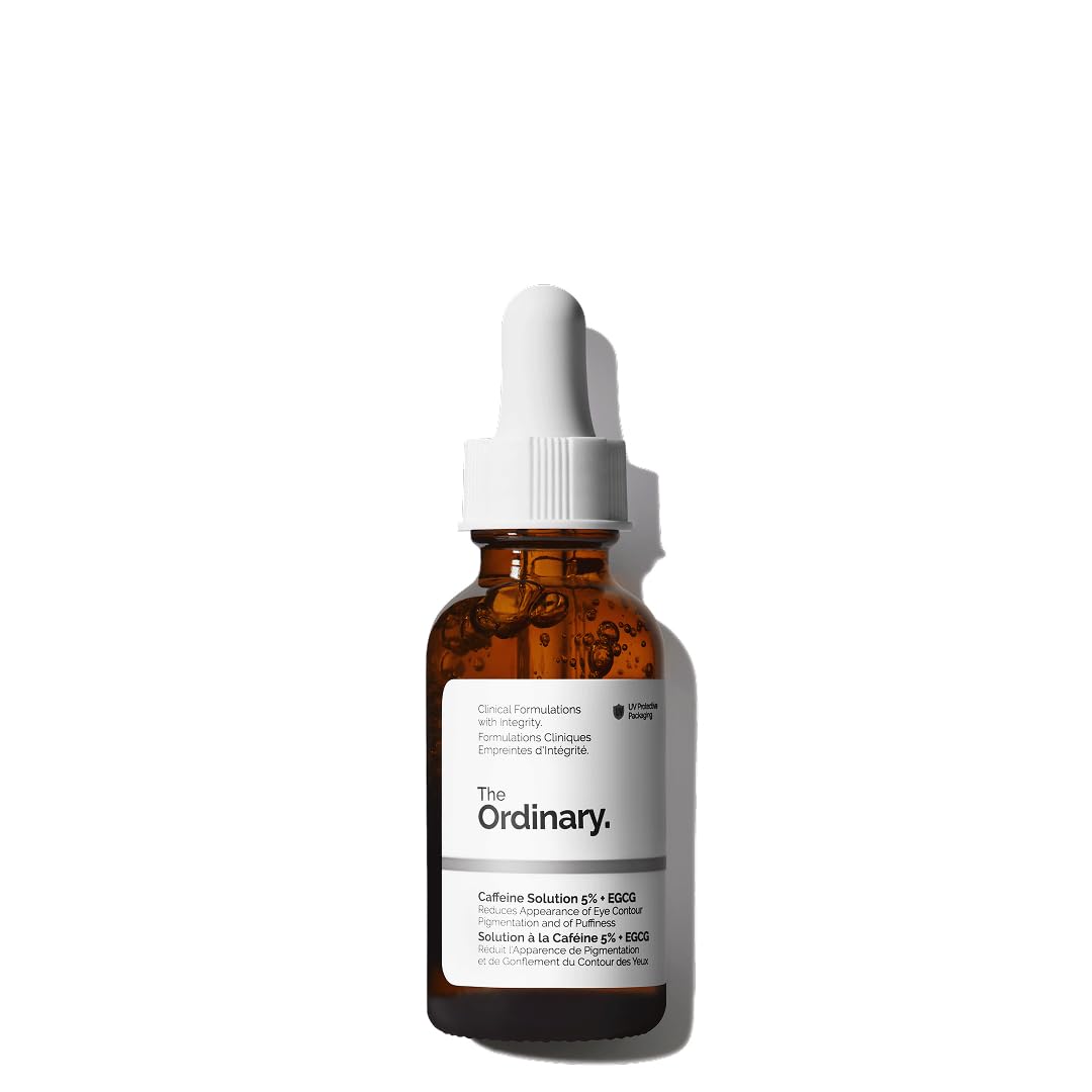 Skincare serum bottle with dropper labeled 'The Ordinary' on a white background