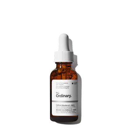 Skincare serum bottle with dropper labeled 'The Ordinary' on a white background