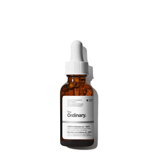 Skincare serum bottle with dropper labeled 'The Ordinary' on a white background