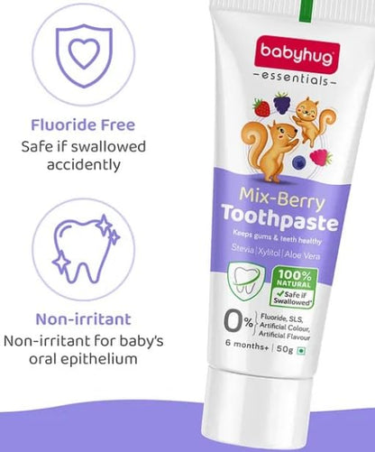 Babyhug Mixberry Flavoured Toothpaste for Ages 6 Months+ |100% Natural Ingredients Fluoride Free No SLS/SLES - 50 g