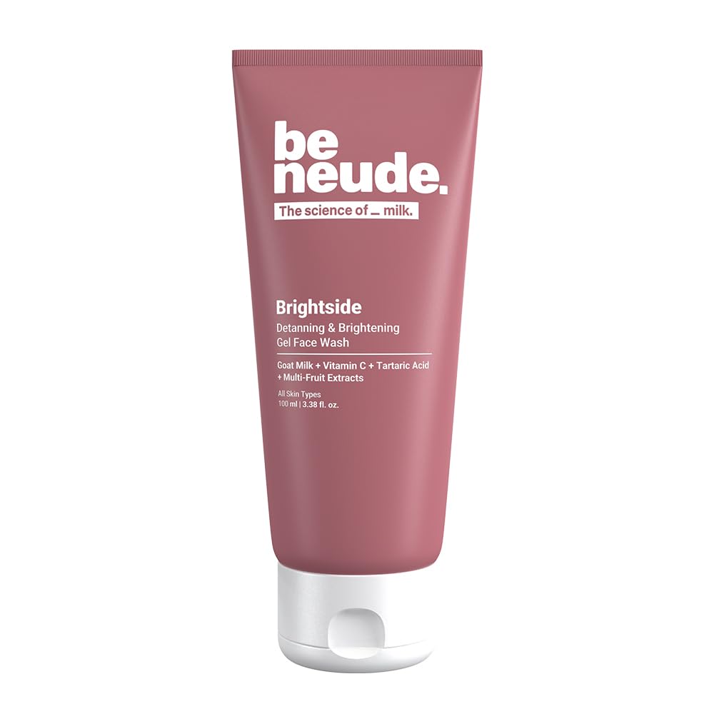 Be Neude Brightside 100ml Detan & Brightening Gel Face Wash with Goat Milk, Vitamin C & Tartaric Acid for Dark Spot Removal, Pigmentation & Glow, Face Wash for Men & Women