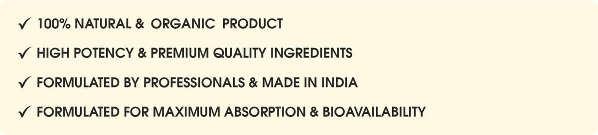 Text listing features of a natural and organic product on a beige background