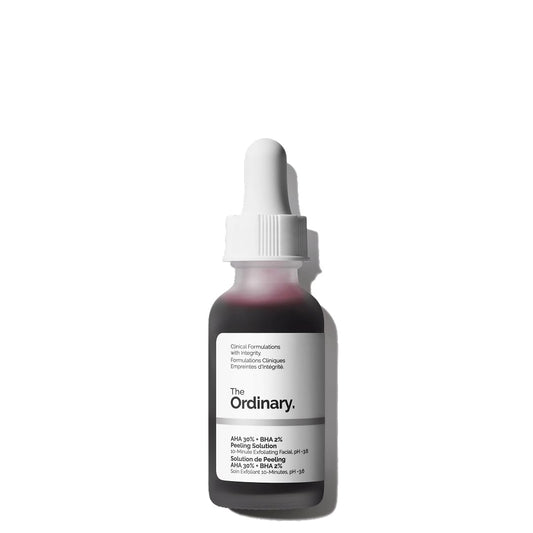 Bottle of 'The Ordinary' serum with dropper on a white background