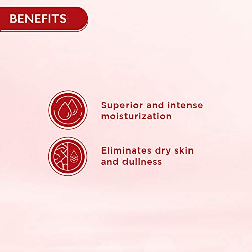 Product benefits listed on a pink background with icons and text.
