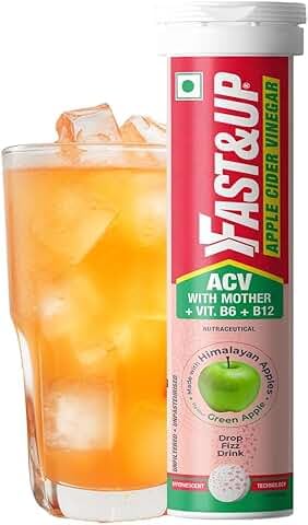 Fast&Up Apple Cider Vinegar Effervescent Tablets | 500mg ACV with Mother, Beetroot, Pomegranate, B6 & B12 | Supports Detox, Gut Health & Weight Management, Green Apple
