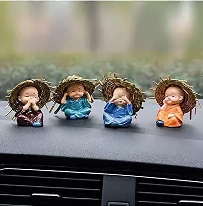 Set of 4 Baby Hat Monk Buddha Idols Showpiece for Car Dashboard Idols/Home Decorative Showpiece & Gifting Ideas Car Dashboard Accessories Size - 6.5Cm