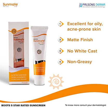 Sunmate Gel Cream SPF 30+ Sunscreen 50 gm | For Oily and Acne Prone Skin I Oil Free, Non-Greasy, Matte Finish, No White Cast, Non Comedogenic | BOOTS 5 Star Rated | PA +++ | Very Water Resistant