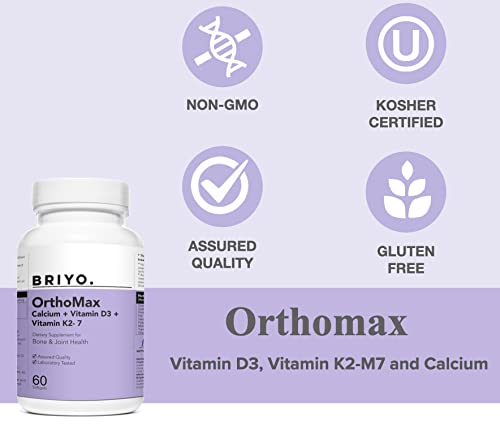 Orthomax supplement bottle with certification icons on a purple background