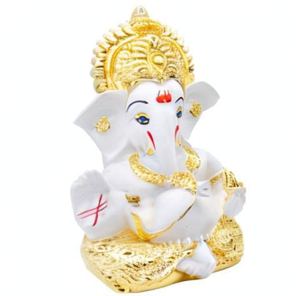 Gold Art India Gold Plated Ganesh Idol for Car Dashboard God Ganesha Idol for Home Decor Ganpati for Gift Home Office Table Shelves Diwali Gifting 3.5 Inches Gold White Mukut