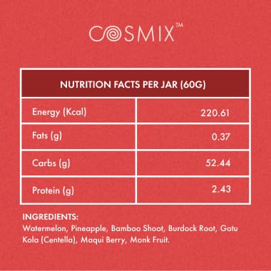 Nutrition facts label for a product named 'Cosmix' on a red background.