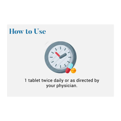 Instructional graphic with a clock and pills, indicating medication usage.