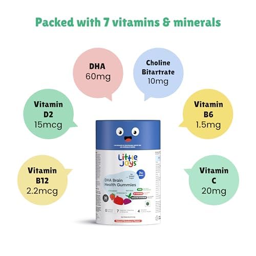 Little Joys DHA Brain Health Gummies For Kids | 7-12 years | 30 Day Pack | Improved Concentration, Mood & Sleep | Packed With 8 Vitamins & Minerals | Multivitamin Gummies For Kids With No Added Sugar