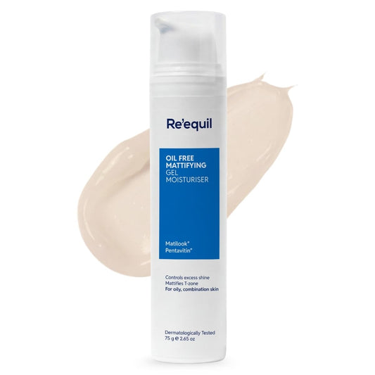 Re'equil oil-free mattifying gel moisturizer bottle with a swatch of cream on a white background