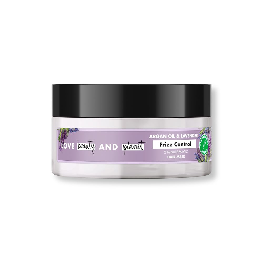 Love Beauty and Planet hair mask jar with black lid on a white background