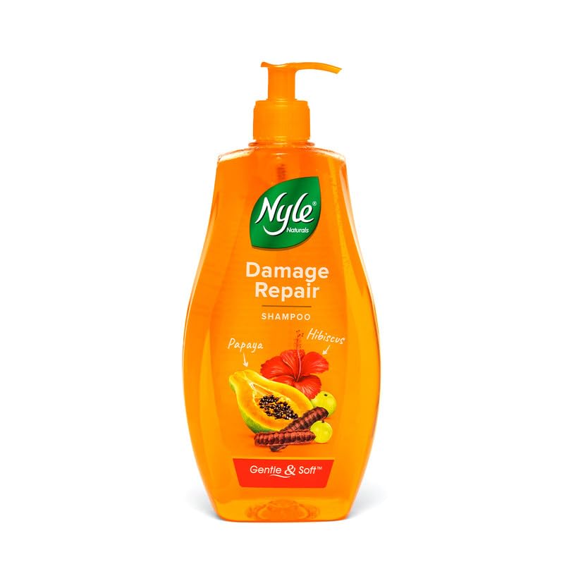 Orange shampoo bottle with pump labeled 'Nyle Damage Repair' on a white background