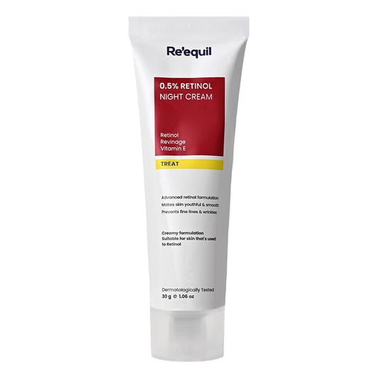 Tube of Re'equil 0.5% Retinol Night Cream on a white background