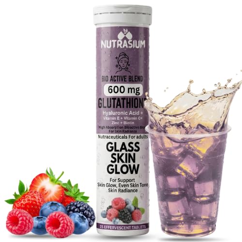 Nutrasium Glutathione Tablets for Skin Glow & Even Skin Tone | 600 mg L-Glutathione Reduced with Hyaluronic Acid, Vitamin C & E, Zinc & Biotin | 15 Effervescent Tablets, Mixed Berry Flavour
