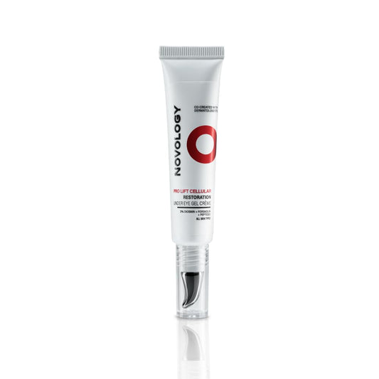 Novology eye gel cream tube on a white background