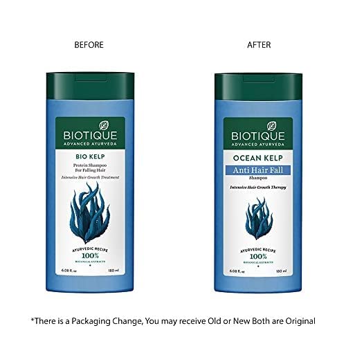 Biotique Bio Kelp and Ocean Kelp shampoo bottles with 'Before' and 'After' labels on a white background.
