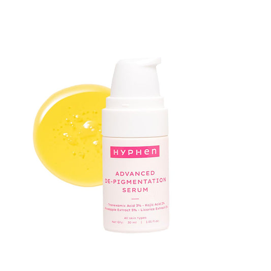 Hyphen Advanced De-Pigmentation Serum with yellow disc on a white background