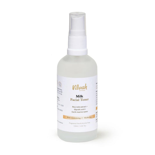 Vilvah Milk Face Toner | Pore Minimizing & Hydrating Toner for Smooth Skin Texture | With Rice Milk, Marine Water & Glycolic Acid | Balances Skin pH, Refines Pores & Boosts Hydration | For All Skin Types | 100ml