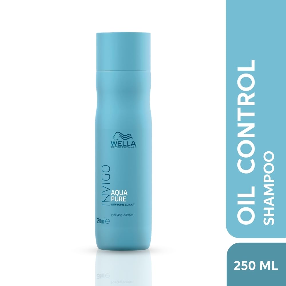 Wella Invigo Aqua Pure Oil Control Shampoo bottle and packaging on a white background