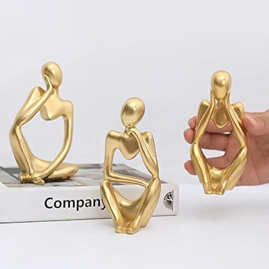 THE SACRED GIFTS Abstract Thinker Men Statues, Elegant Modern Art Showpiece for Home Decor, Living Room, Bedroom, Office, Bookshelf & Table Centerpiece, Thinker Sculpture (Set of 3) (Gold)