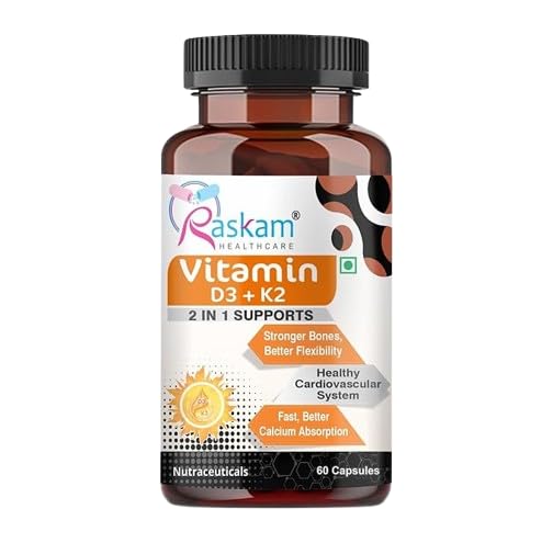 Bottle of Raskam Healthcare Vitamin D3 + K2 supplement on a white background