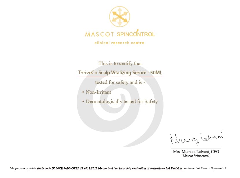 Certificate from Mascot Spinccontrol for ThriveCo Scalp Vitalizing Serum with certification details.