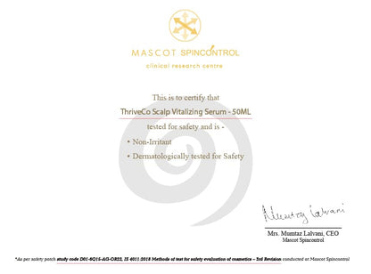 Certificate from Mascot Spinccontrol for ThriveCo Scalp Vitalizing Serum with certification details.