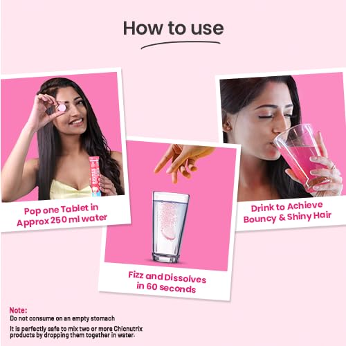 Instructions on how to use a hair care product with a woman holding a tablet and glass of water.