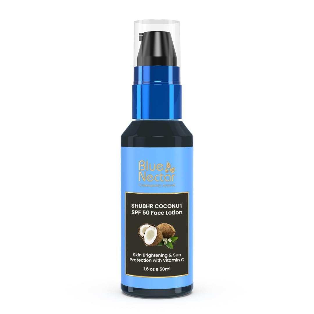 Blue Nectar Coconut Sunscreen SPF 50 Lotion for Normal Skin | No White Cast, Plant Based Sunscreen with Vitamin C for Skin Brightening (18 Herbs, 50ml)