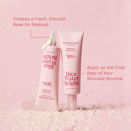 Two bottles of The Face Shop Rice Water Bright product on a pink background with text about skincare routine.