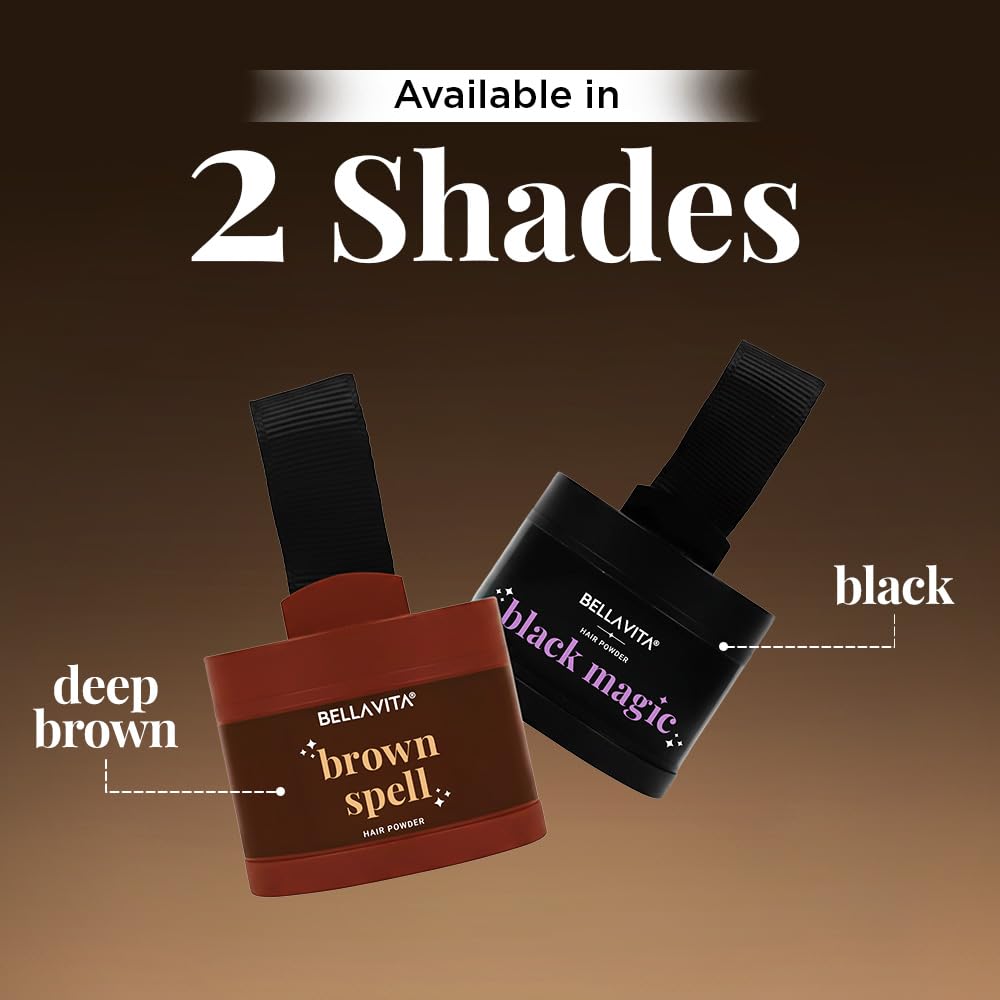 Two containers of Bellavita hair powder, one brown and one black, on a gradient background.