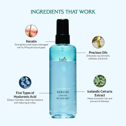 LADOR Keratin Layered Oil Hair Mist (130ml) Korean Keratin Layered Perfume Oil Mist for Heat & Color Protection | Deeply Conditions, Promotes Soft Shiny Hair, Prevents Damage